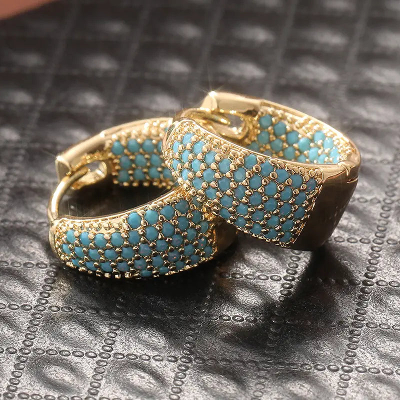 Golden-Tone Turquoise Beaded Hoop Earrings ｜ フープピアス・ゴールド