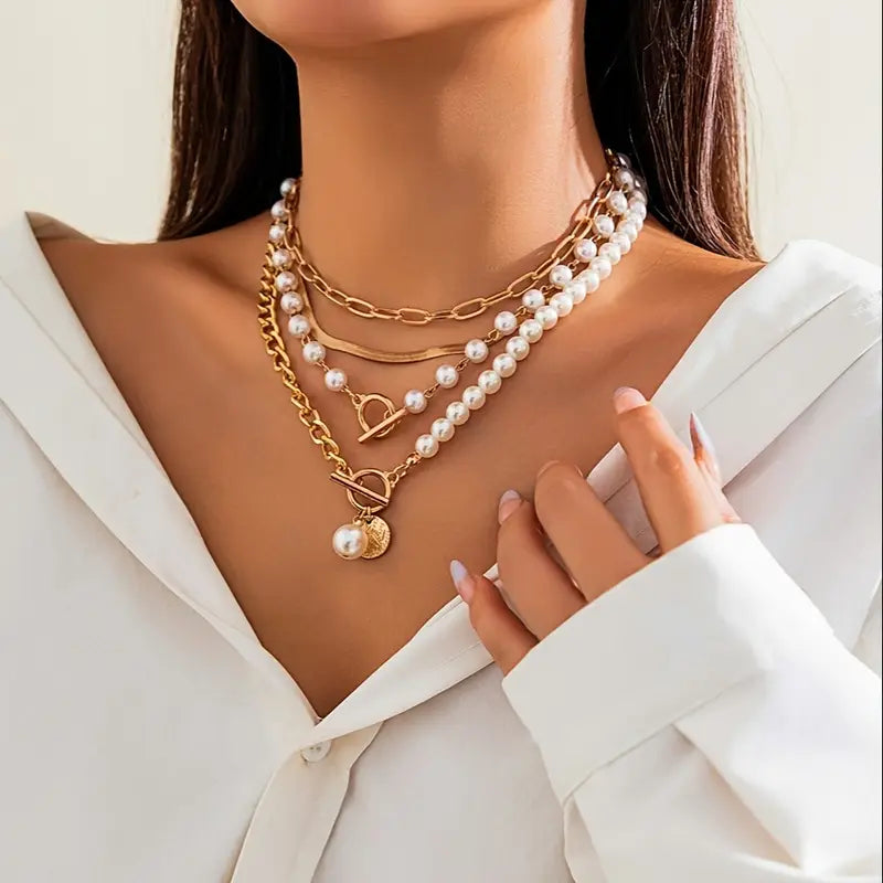 Vintage Pearl & Gold Snake Chain Necklace Set ｜ ネックレスセット・ゴールド
