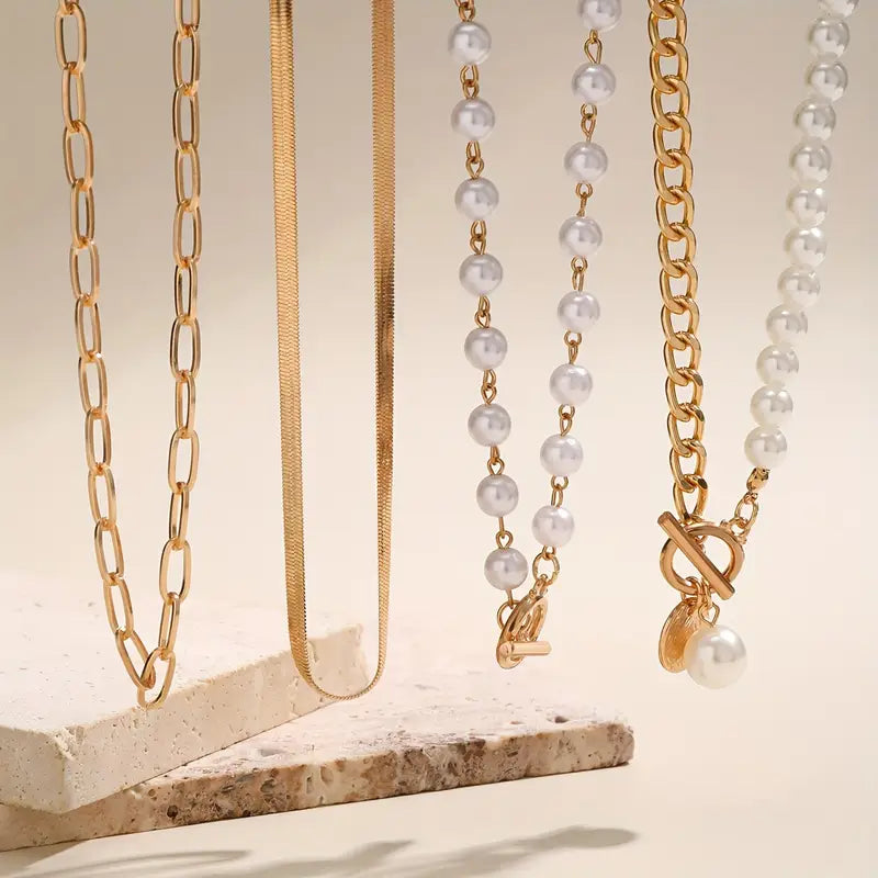 Vintage Pearl & Gold Snake Chain Necklace Set ｜ ネックレスセット・ゴールド