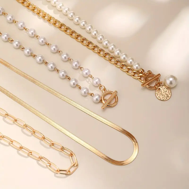 Vintage Pearl & Gold Snake Chain Necklace Set ｜ ネックレスセット・ゴールド