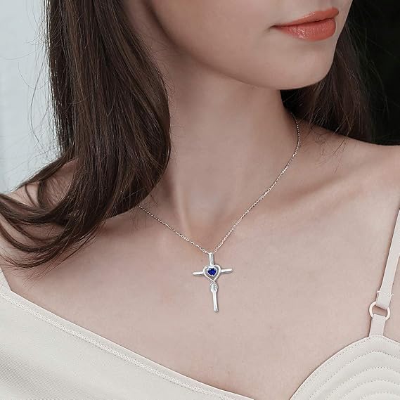Sapphire Heart Stone Cross Necklace ｜ クロスネックレス・ホワイトゴールド