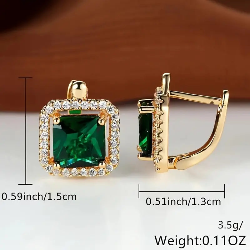 Golden Green Square Zirconia Earrings ｜ ピアス・ゴールド