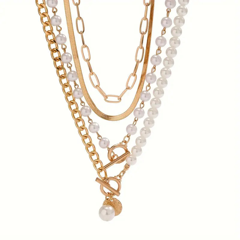 Vintage Pearl & Gold Snake Chain Necklace Set ｜ ネックレスセット・ゴールド
